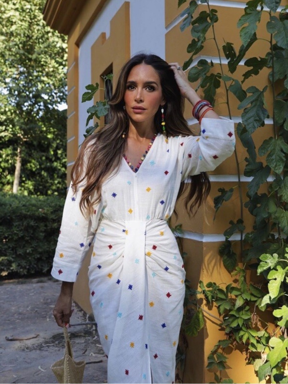 Zara White Midi Dress with Multicolor Embroidery